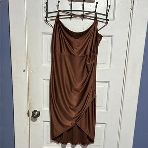 Brown Asymmetrical Ruched Slip Dress